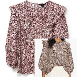 Ted Baker Sanjaa Top Frill Accents Balloon Sleeve Blouse Animal Print Size 8 New